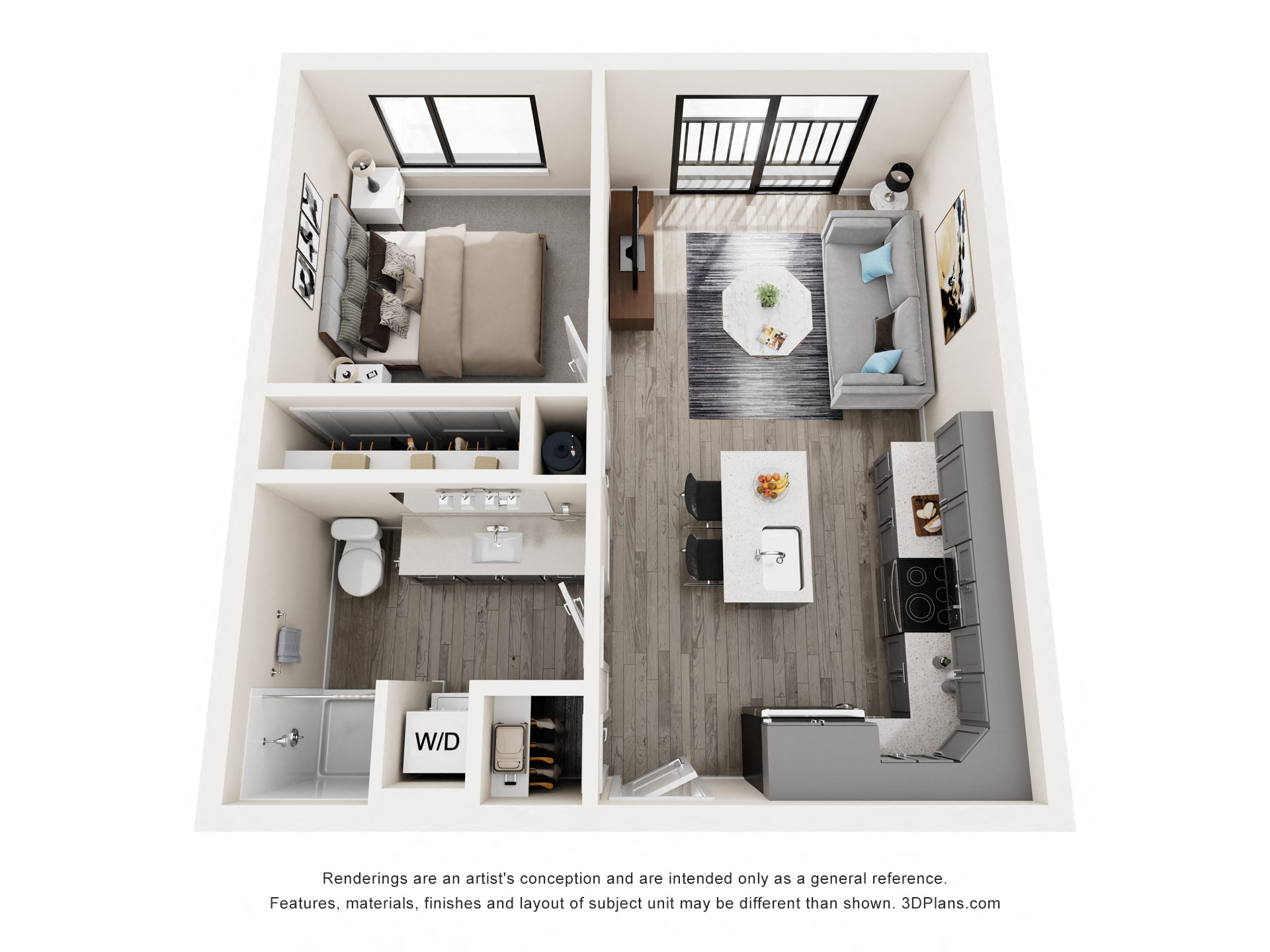 Floor plan for 1 bed, 1 bath, 530 sqft